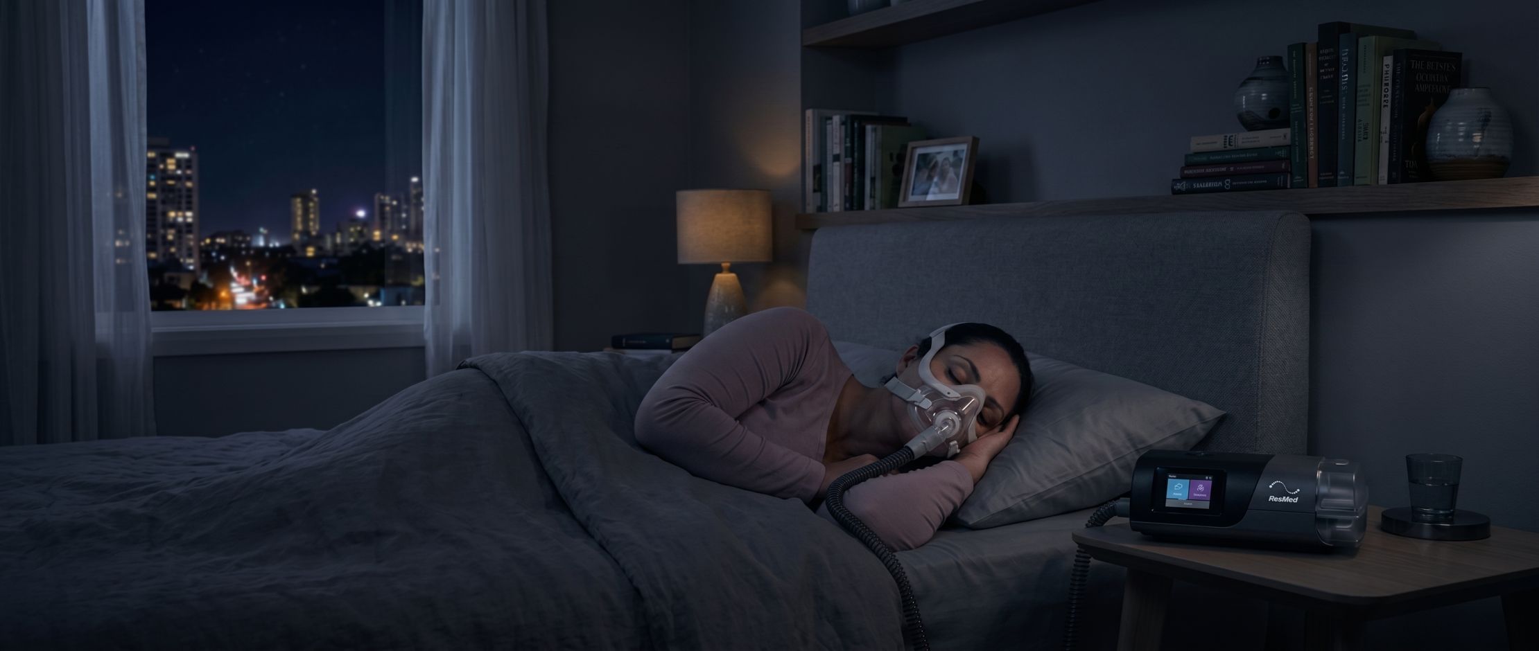 Patient sleeping peacefully with modern CPAP machine and mask in dark mode