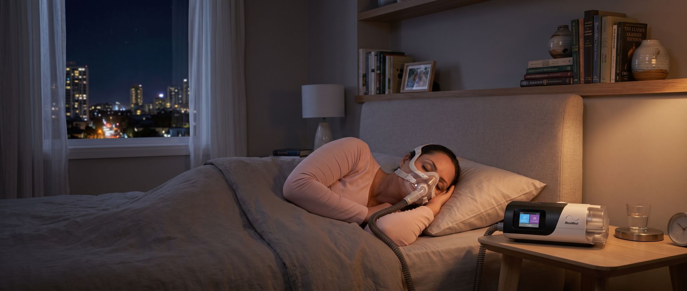 Patient sleeping peacefully with modern CPAP machine and mask